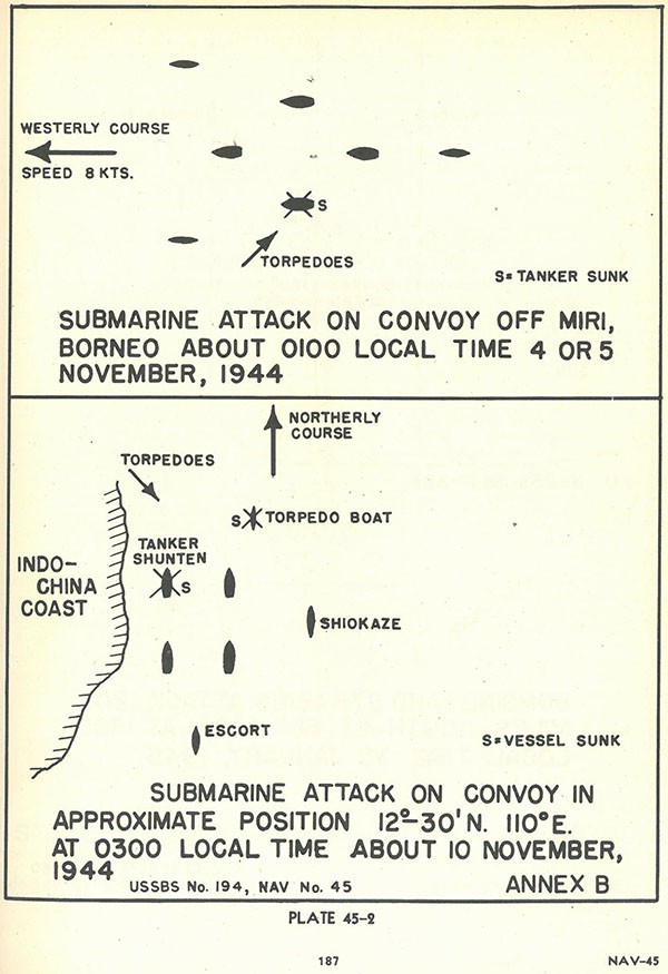 Plate 45-2: Two plots - [top] Submarine attack on convoy off Miri, Borneo about 0100 local time 4 or 5 November 1944 and [bottom] Submarine attack on convoy in approximate position 12 degrees -30'N 100 degrees E at 0300 local time about 10 November 1944, Annex B.