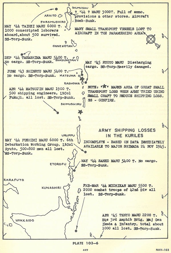 Plate 103-6: Chart showing Army shipping losses in the KURILES.