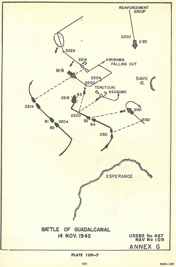 Plate 109-7: chart showing track of Japanese ships off coast of ESPERANCE, Battle of GUADALCANAL, 14 November 1942, Annex G.