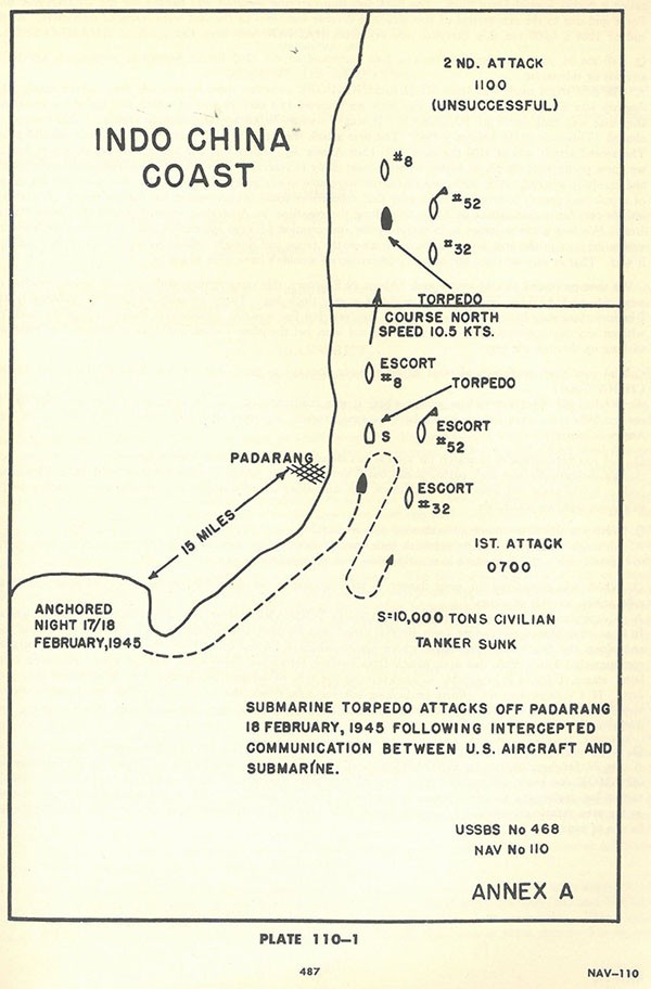 Plate 110-1: chart showing INDO CHINA coast, submarine torpedo attacks off PADARANG 18 February 1945 following intercepted communication between US aircraft and submarine, Annex A.